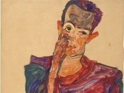 Egon Schiele&#039;s 1910 &#039;Self-Portrait,&#039; currently on show in the Guggenheim.