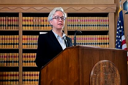 Oregon Gov. Tina Kotek speaks at the State Library of Oregon in Salem on Jan. 31, 2023.