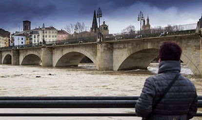 Situación del río Ebro a su paso por Logroño, donde el agua ha alcanzado máximos históricos debido al temporal de lluvia, frío y viento.