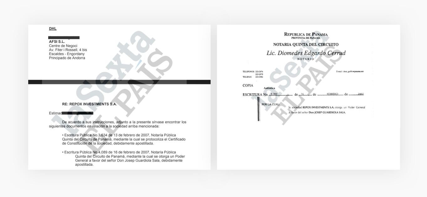 El poder con el nombre de Guardiola y el documento que informaba al despacho andorrano del envío de la documentación. EL PAÍS/LA SEXTA/ICIJ