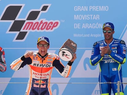 Dovizioso, Márquez y Iannone, en el podio de Aragón.