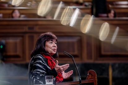 La presidenta del PSOE, Cristina Narbona, este martes durante su intervención en una sesión plenaria del Congreso. 