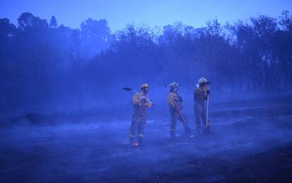 Un grupo de bomberos descansan en el incendio forestal de la localidad vizcaína de Berango.