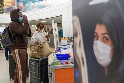 Passengers pick up Covid tests upon arriving at Newark Airport in New Jersey, on Wednesday, January 4, 2023.