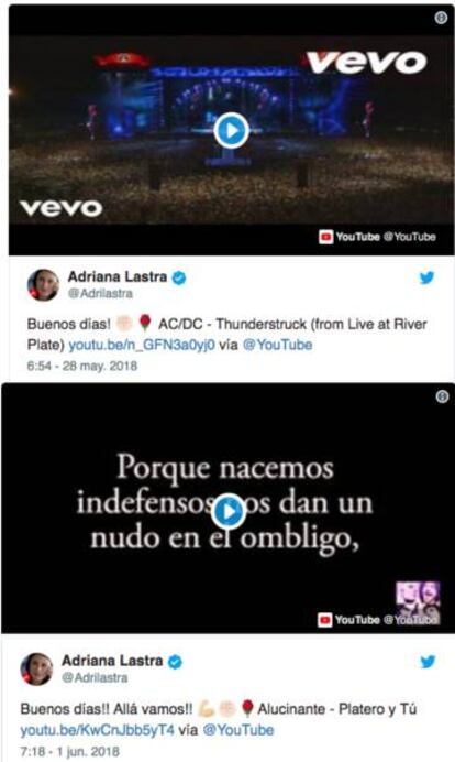 Lastra acostumbra a recomendar a sus grupos favoritos, Guns 'NRoses, Platero y Tú (el antiguo grupo de Fito Cabrales) o Extremoduro, en su cuenta de Twitter.