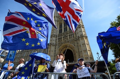 Manifestantes anti-brexit protestan en Westminster (Londres).