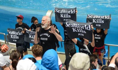 El actor James Cromwell, durante la protesta de PETA contra el espect&aacute;culo de orcas en el SeaWorld de San Diego.