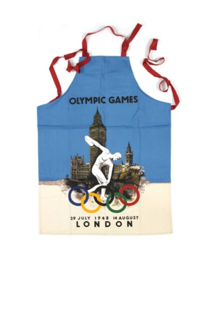 Este delantal recrea un póster original de las Olimpiadas de Londres en 1948. Para los campeones en la cocina. A la venta en la tienda del  museo Victoria and Albert.