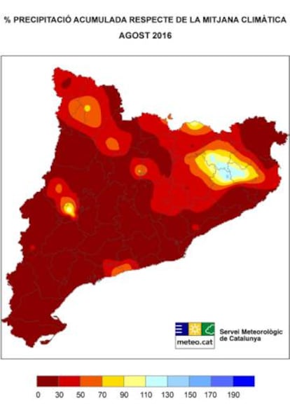 La precipitación acumulada en agosto está por debajo de la media climática.