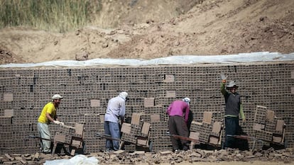 Refugiados afganos trabajan en una obra en Irán.