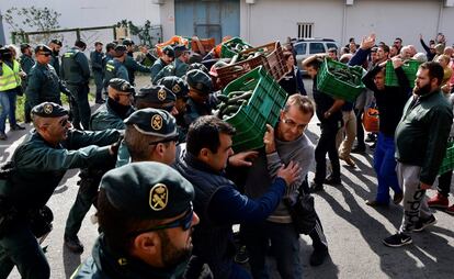 Miembros de la Guardia Civil antidisturbios forcejean en Almería con agricultores que han protagonizado cortes de carretera y vertido de productos del campo durante su cuarta semana de manifestaciones en todo el país.