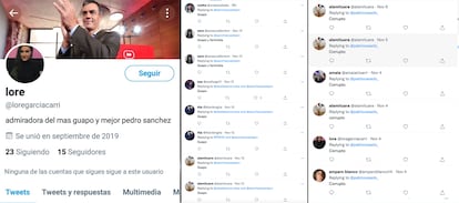 Capturas de un perfil de los bots y su actividad repetitiva en sus interacciones con líderes políticos. También se dedicaba a trolear a periodistas de manera similar.