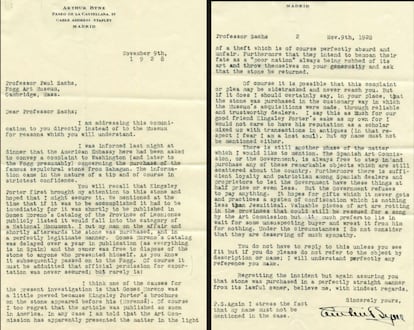 Carta del marchante Byne a Sachs, subdirector del Museo Fogg de Harvard, en 1928, en la que trata sobre la operación de salida de la lauda de Alfonso Ansúrez y la alarma generada en España, en una imagen cedida por Harvard Art Museums Archives.