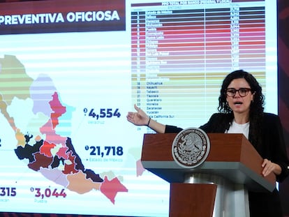 Luisa María Alcalde, secretaria de Gobernación, habla sobre la Reforma a la Prisión Preventiva, durante una conferencia en Palacio Nacional.