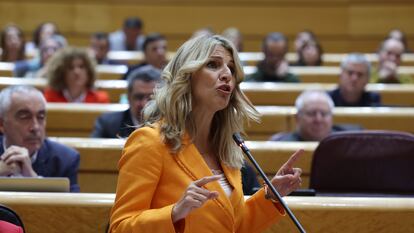 La vicepresidenta segunda del Gobierno y ministra de Trabajo y Economía Social, Yolanda Díaz, en la sesión de control al Gobierno en el Senado, el 2 de abril.