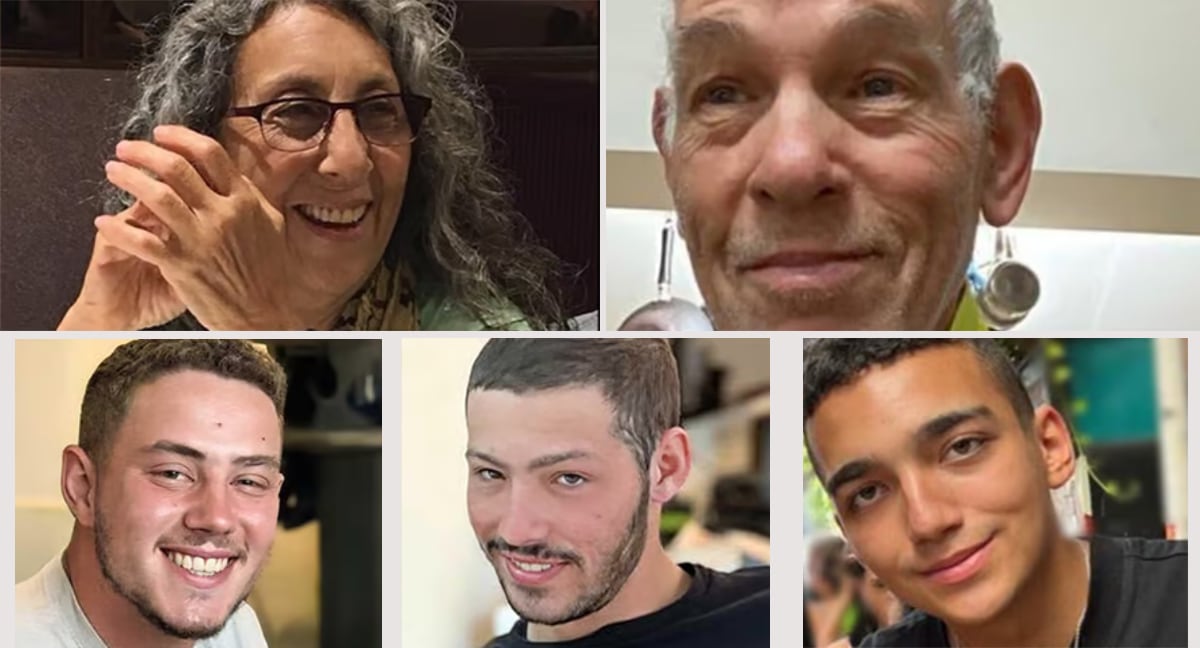 Desde la izquierda, los rehenes Judi Weinstein-Haggai, Gad Haggai, Edan Alexander, Itay Chen y Omer Neutra.