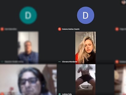 O momento em que um homem invadiu uma videoconferência da dentista Giovana Mondardo (ao centro) e começou a dançar sem roupa. Invasões visam criar constrangimento.