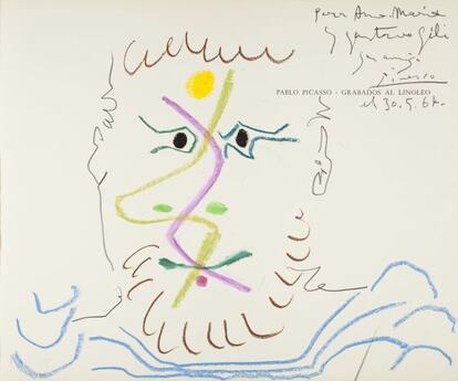 'Busto de hombre con barba', Mougins, 1964, de Picasso realizado en la guarda del libro “Pablo Picasso. Grabados al linóleo”, dedicado de Anna Maria y Gustau Gili en la parte superior derecha.
