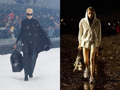 The story of war refugees and displaced people who lost everything and had to build their lives from scratch, lied underneath Vetements’ concept, and has become increasingly evident in Balenciaga’s. On the left, fall-winter 2022/23; on the right, spring-summer 2023.