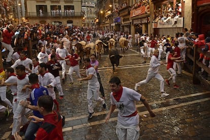 Toros de la ganadería de José Escolar Gil durante su recorrido por las calles de Pamplona.