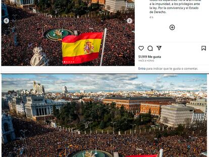 Arriba, la foto difundida este domingo por la presidenta de la Comunidad de Madrid en su Instagram. Abajo, la imagen publicada por EL PAÍS de una manifestación celebrada el pasado 21 de enero.