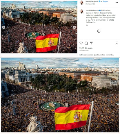 Arriba, la foto difundida este domingo por la presidenta de la Comunidad de Madrid en su Instagram. Abajo, la imagen publicada por EL PAÍS de una manifestación celebrada el pasado 21 de enero.