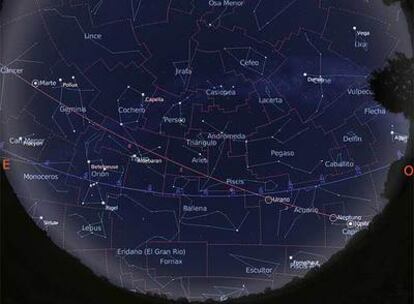 Mapa para la primera parte de la noche obtenido con el programa Stellarium y calculado para el día 15 de octubre de madrugada.