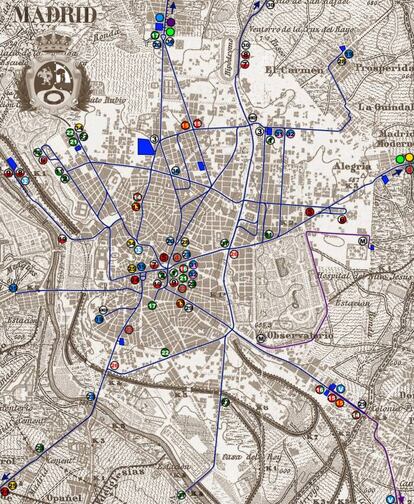 Mapa con la red de tranvías de vía ancha que existía en Madrid en el año 1914.