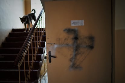 A swastika that Russians graffitied on one of the buildings they occupied in Chernobyl in the winter of 2022. 