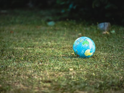 Un globo terráqueo descansa sobre la hierba.