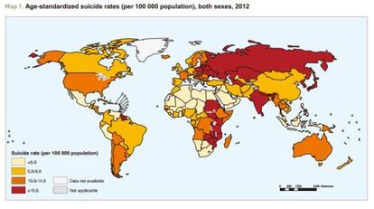 Mapa del número de suicidios por 100.000 habitantes por países.