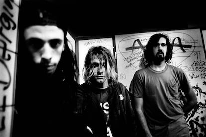 From left to right, Dave Grohl, Kurt Cobain and Krist Novoselic in the early 1990s.
