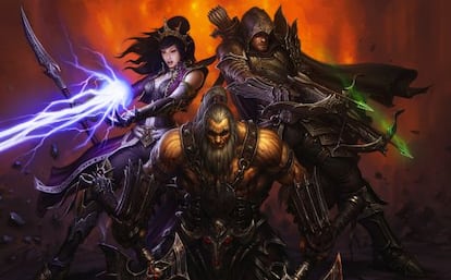 B&aacute;rbaro, Mago y Cazador de Demonios, tres de los protagonistas de Diablo III. 