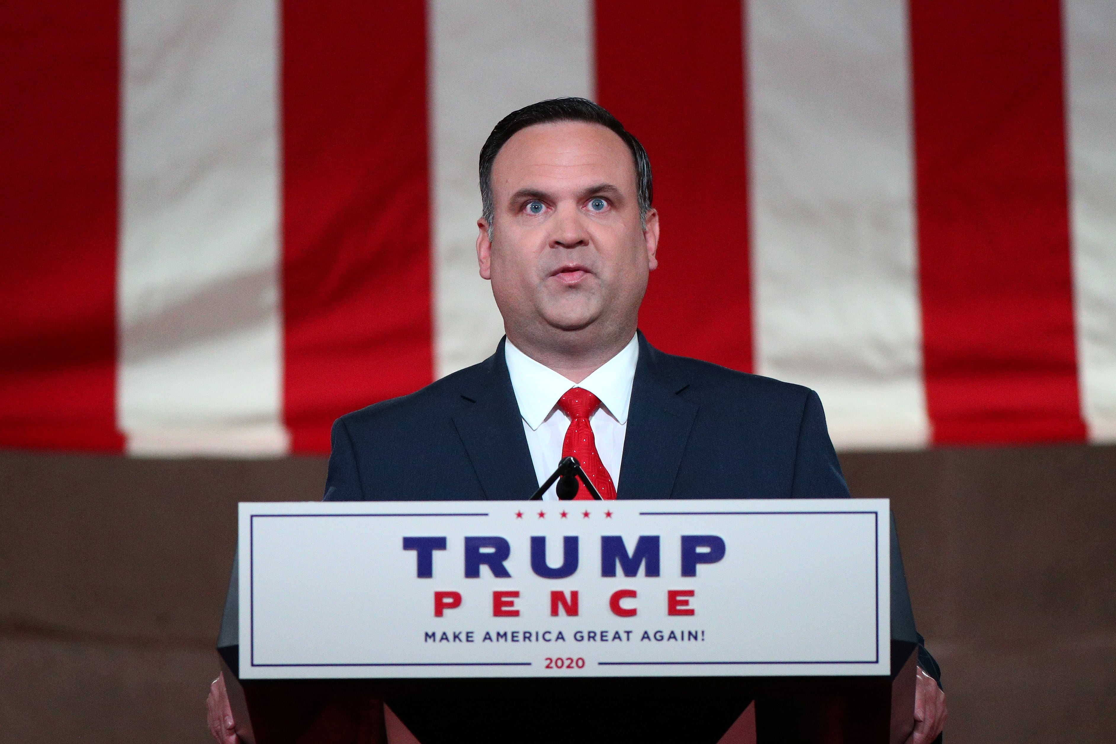 White House Deputy Chief of Staff and Director of Social Media Dan Scavino delivers a pre-recorded address recorded on August 26 to be aired on the final day of the largely virtual 2020 Republican National Convention from the Mellon Auditorium in Washington, U.S., August 26, 2020. Picture taken August 26, 2020.  REUTERS/Tom Brenner