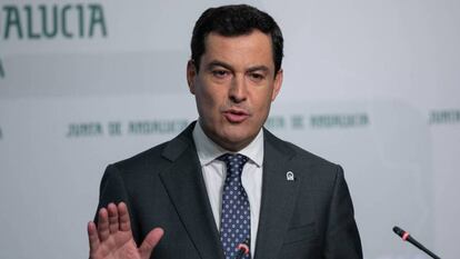 El presidente de la Junta, Juan Manuel Moreno, este martes. En vídeo, sus declaraciones.
