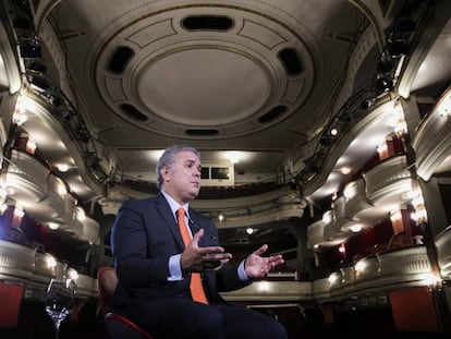O presidente eleito da Colômbia, Iván Duque, durante entrevista na segunda-feira no Teatro Alcázar, em Madri. 