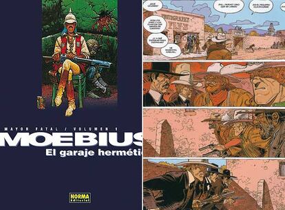 Dibujo de la portada de <i>Mayor Fatal 1. El garaje hermético</i> (a la izquierda) y viñetas de <i>Blueberry 45. Dust,</i> de Moebius (ambos en Norma Editorial).