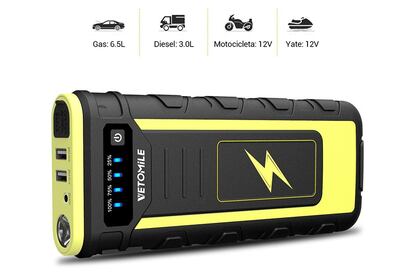 La marca Vetomile nos ofrece una completa batería portátil para arrancar nuestro coche, moto o diferentes vehículos, ya sean movidos por diesel, gas o se trate de un vehículo eléctrico. Cuenta con una capacidad de 21000 mAh, que nos permitirán arrancar nuestro vehículo más de 40 veces. Además está acompañado por dos puertos USB para utilizarlo con nuestro smartphone, ordenador u otros gadgets en circunstancias de emergencia. Acompañado además de una linterna, para situaciones complicadas en la noche, donde la visibilidad es reducida.