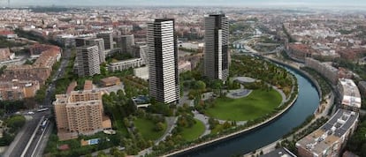 Proyección realizada por el Ayuntamiento de Madrid del ámbito junto al río Manzanares una vez concluida la reforma.