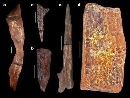 a, elemento estructural; b, cuña; c, palo de excavación; d, registro de corte; e, pieza cónica con una sola marca de corte.