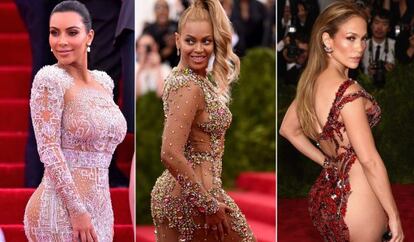 De izquierda a derecha: la estrella de la televisión Kim Kardashian y las cantantes Beyoncé y Jennifer Lopez, a su llegada a la gala del Met.