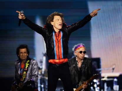 Ron Wood, Mick Jagger and Keith Richards of The Rolling Stones performs on stage during a concert as part of their 'Stones Sixty European Tour' on July 31, 2022 at Friends Arena in Solna, Sweden