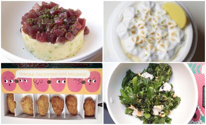 De izquierda a derecha y de arriba a abajo, patata aliñada con tartar de atún al estilo Lobito, helado de limón y merengue, croquetas de jamón ibérico y ensalada Bimi-Kale, de La Gran Familia Mediterránea.