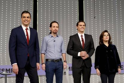 Pedro Sánchez, Pablo Iglesias, Albert Rivera y Soraya Sáenz de Santamaría, en el debate a cuatro del pasado diciembre.