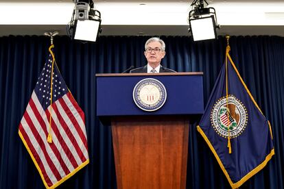 El presidente de la Reserve Federal Jerome Powell en una rueda de prensa en diciembre de 2019, Washington.