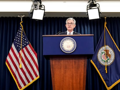 El presidente de la Reserve Federal Jerome Powell en una rueda de prensa en diciembre de 2019, Washington.