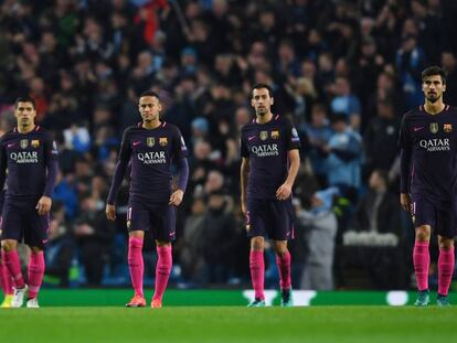 Luis Suarez Neymar, Busquets y Andre Gomes durante el partido que perdió el Barcelona frente al Manchester City entre semana.