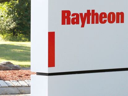 A sign stands at the road leading to the Raytheon facility in Marlborough, Mass., on June 10, 2019. China on Thursday, Feb. 16, 2023.