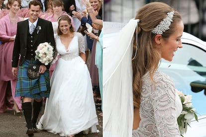 Kim Sears, de Jenny Packham. El tenista escocés Andy Murray se casó el paso mes de abril con la pintora Kim Sears. Él eligió un traje típico con el característico estampado de cuadros azules y verdes y ella optó por un vestido con volumen en la falda y pedrería combinado con diadema firmado por la diseñadora británica.