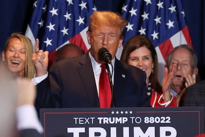 Donald Trump speaks during his South Carolina Republican presidential primary election night party in Columbia, South Carolina, U.S. February 24, 2024.